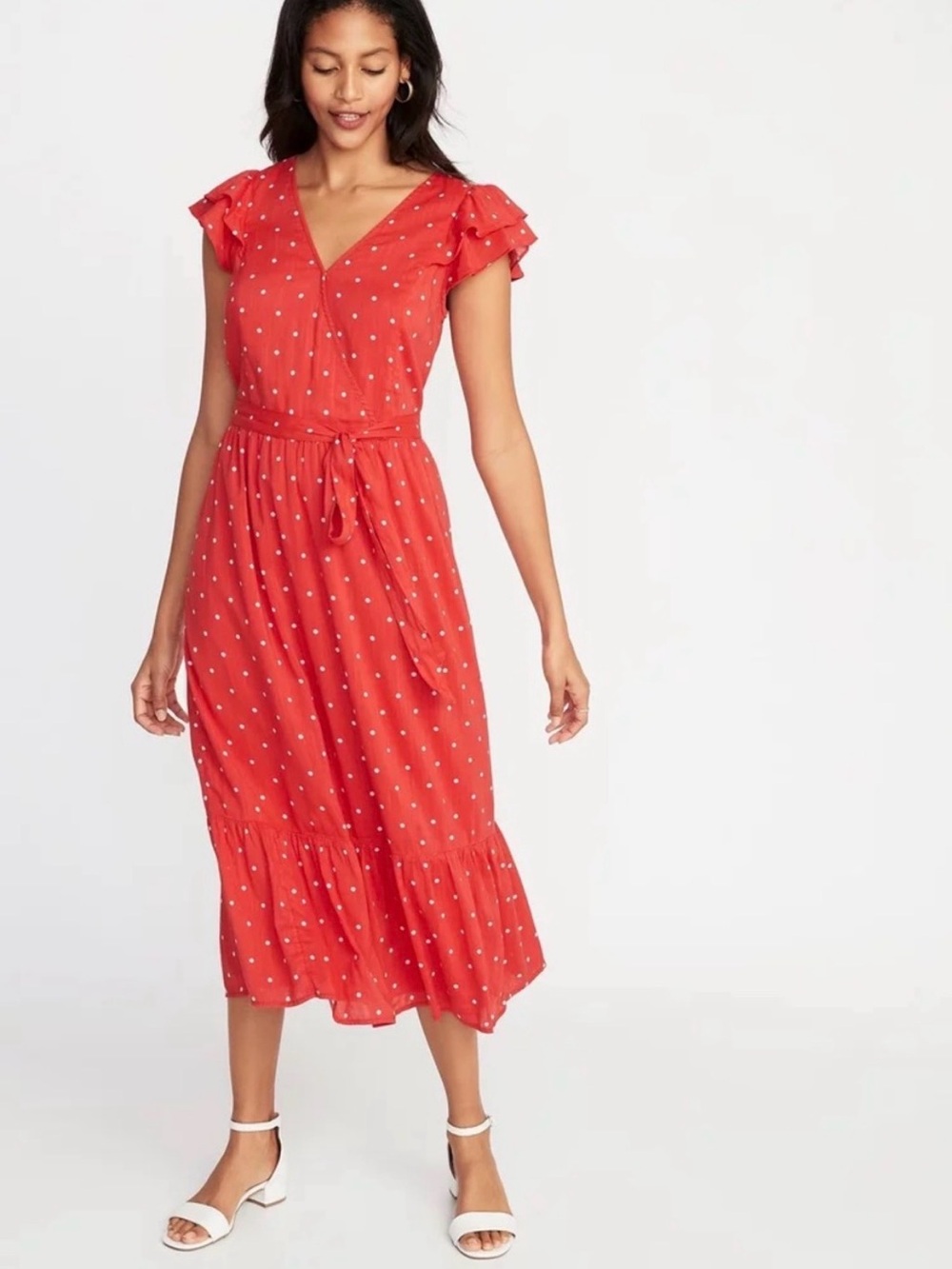 Old Navy Women’s Faux Wrap Ruffle Sleeve Polka Dot Midi Dress, Red Size Medium